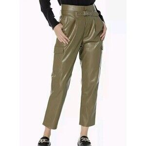 PAIGE Jeans NEW Faux Leather Utility Pants Army Green Cargo Pockets Size 12